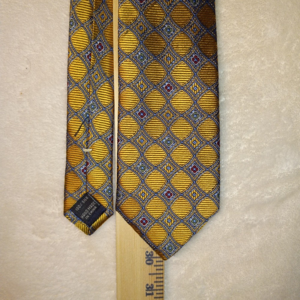 Jos A Bank Heritage Collection Long Silk Tie Gold Blue Geometric 61in x 3in